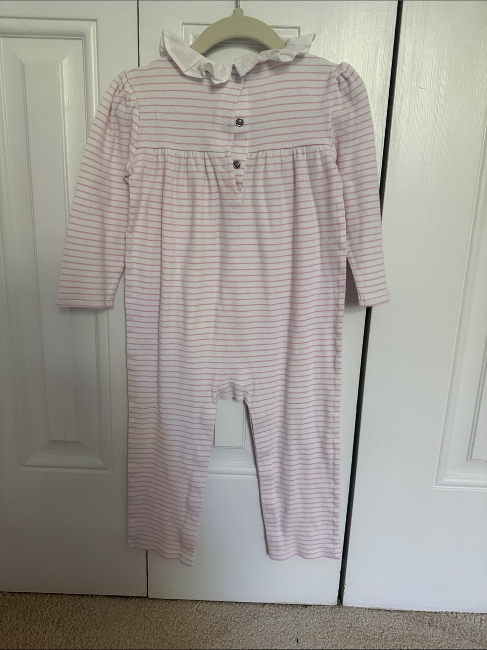 Janie and Jack Pink and White Striped Ruffle-Collar Romper - Picture 3 of 3